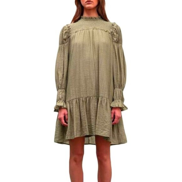 NEW Moon River Smocked Puff‎ Sleeve Mini Shift Dress in Green, Size M - Picture 1 of 12